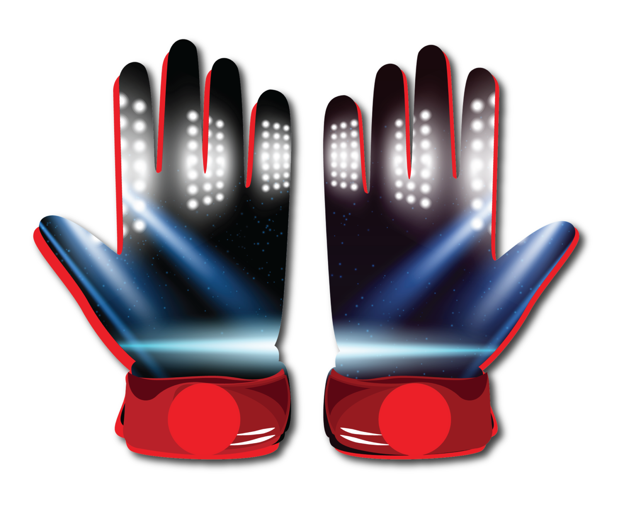 Black and blue stadium lights glove with red neoprene cuffs and white LED-like patterns, designed for flexibility and durability